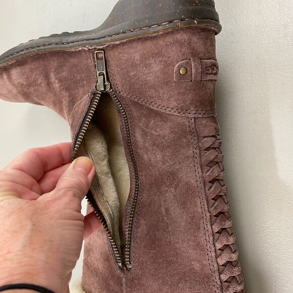 UGG Karyn Cuffed Suede Sheepskin Boots Womens 7 Brown Mid Calf - Picture 10 of 15